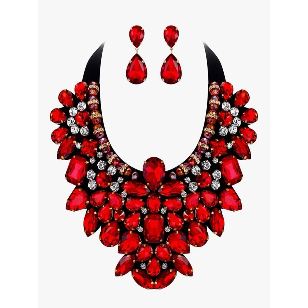 ✨ Bold Red Crystal Rhinestone Statement Jewelry Necklace & Earrings Set ✨